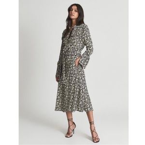Reiss Micah black and ecru floral button belted shirtdress